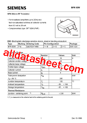BFR92W Datasheet PDF - Siemens Semiconductor Group
